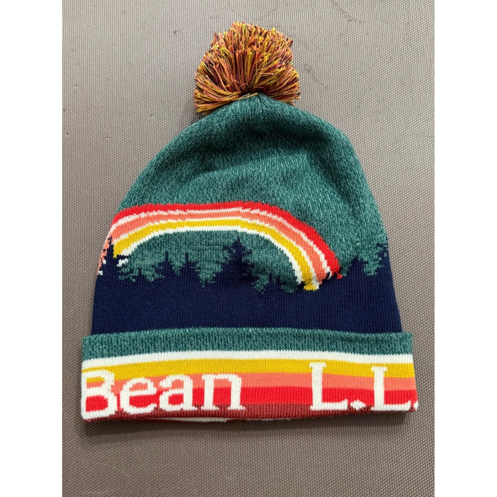 LL Bean Pride Rainbow Forest Knit Pom Beanie Hat Green Blue OSFA 517957 New